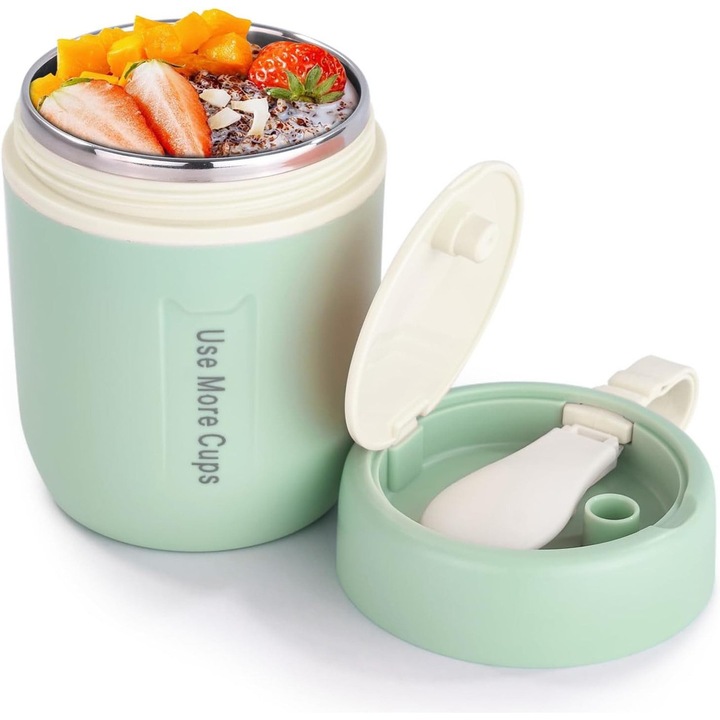 Izoterm ebédlődoboz, melegen tartja az ételt, rozsdamentes acél termosz edény kanállal, szivárgásmentes kialakítás, 500 ml, zöld