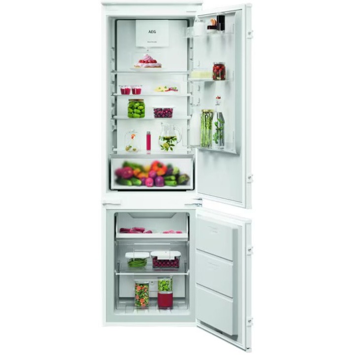 Combina frigorifica incorporabila AEG TC7CS18GES, 248 l, No Frost, Multiflow, Usa reversibila slide, Control electronic, Semnal acustic; Clasa E, Nivel zgomot 37 db; 178x55x55 cm