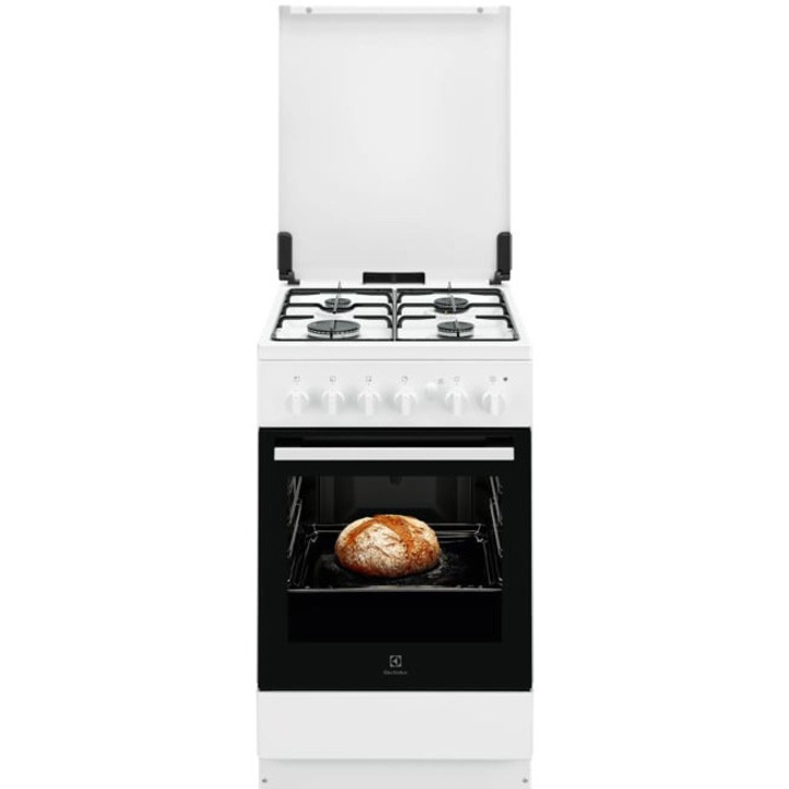 Aragaz Electrolux LKG504015W, Gaz, 4 arzatoare, Capac Metalic. Autocuratare Catalitica, Timer mecanic, Aprindere integrata plita si cuptor, Grill Electric, Iluminare cuptor, 50x60 cm, Siguranta plita+cuptor; Alb