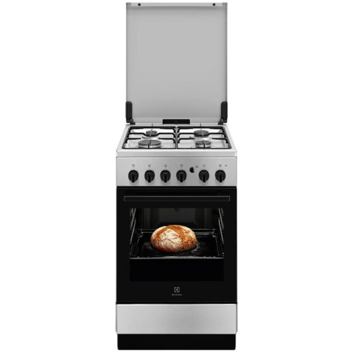 Aragaz Electrolux LKG504015X, Gaz, 4 arzatoare, Capac Metalic. Autocuratare Catalitica, Timer mecanic, Aprindere integrata plita si cuptor, Grill Electric, Iluminare cuptor, 50x60 cm, Siguranta plita+cuptor; Inox