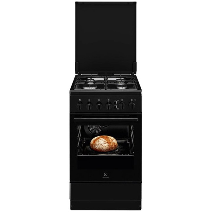 Aragaz Electrolux LKG504023K, Gaz, 4 arzatoare, Capac Metalic. Autocuratare Catalitica, Timer mecanic, Aprindere integrata plita si cuptor, Grill Electric, Iluminare cuptor, 50x60 cm, Siguranta plita+cuptor; Negru
