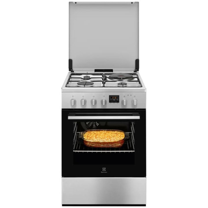 Aragaz Electrolux LKM660223X, Mixt, 3 arzatoare gaz + 1 arzator electric; Cuptor electric 8 functii; Timer electronic; Iluminare cuptor; Grill electric; 60x60 cm, Siguranta plita; Clasa eficienta energetica A; Capac metalic; Inox antiamprenta