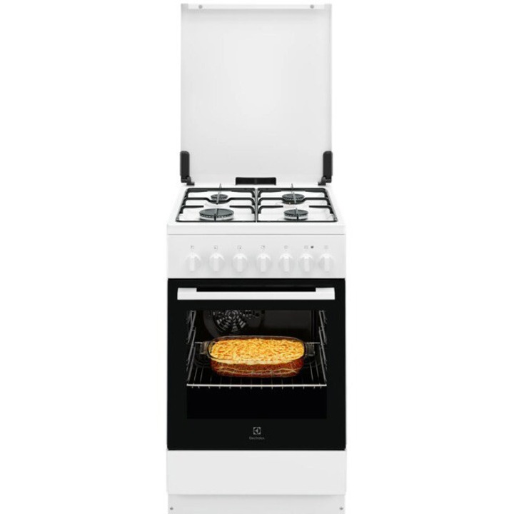 Aragaz Electrolux LKK520033W, Mixt, 4 arzatoare gaz, Aprindere integrata; Cuptor electric multifunctional (5 functii); Timer mecanic; Iluminare cuptor; Grill electric; 50x60 cm, Siguranta plita; Clasa eficienta energetica A; Capac metalic; Alb