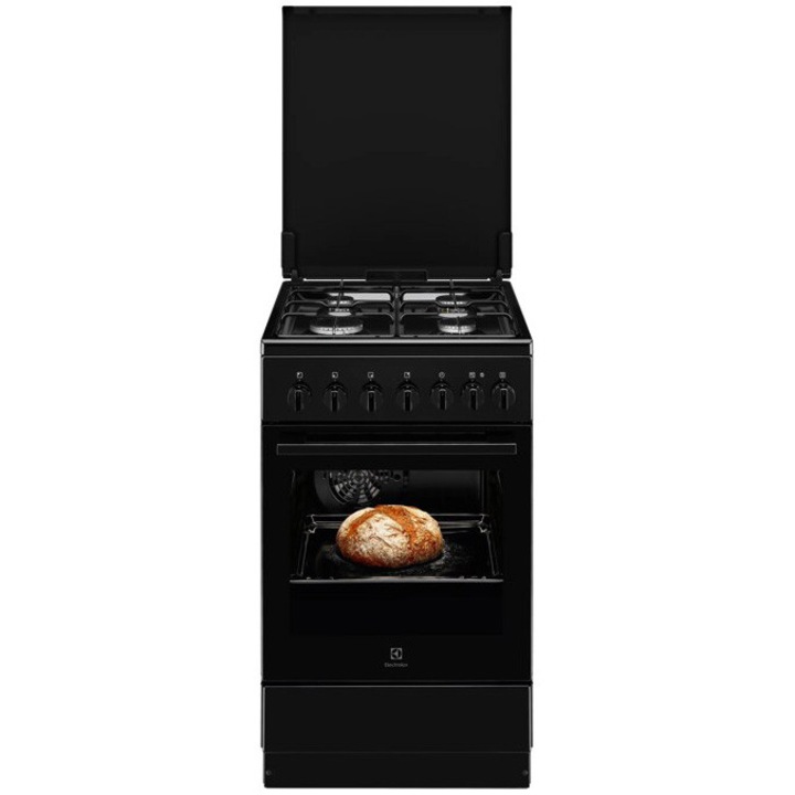 Aragaz Electrolux LKK520023K, Mixt, 4 arzatoare gaz, Aprindere integrata; Cuptor electric multifunctional (5 functii); Timer mecanic; Iluminare cuptor; Grill electric; 50x60 cm, Siguranta plita; Clasa eficienta energetica A; Capac metalic; Negru
