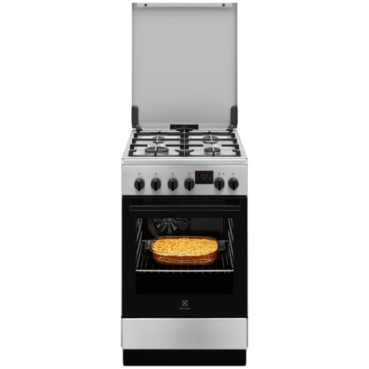 Aragaz Electrolux LKK520023X, Mixt, 4 arzatoare gaz, Aprindere integrata; Gratare fonta; Cuptor electric multifunctional 8 functii; Timer cu display electronic; Iluminare cuptor; Grill electric; 50x60 cm, Siguranta plita; Clasa A; Capac metalic; Inox
