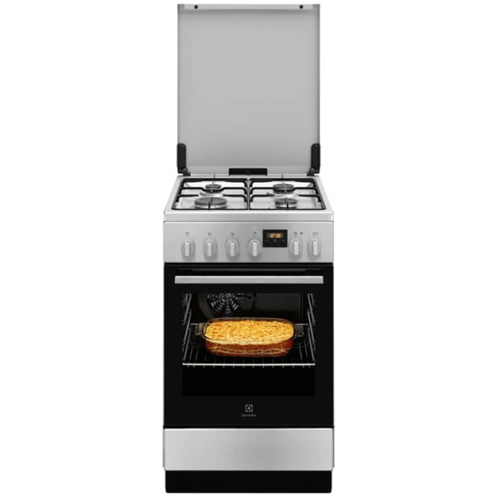 Aragaz Electrolux LKK564223X, Mixt, 4 arzatoare gaz, SteamBake-gatire cu abur; Aprindere integrata; Cuptor electric multif. 11 functii; Autocuratare catalitica; Timer, Iluminare cuptor; Grill; 50x60 cm, Siguranta plita; Clasa A; Capac metalic; Inox