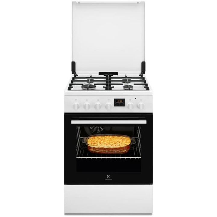Aragaz Electrolux LKK660225W, Mixt, 4 arzatoare gaz, Aprindere integrata; Gratare fonta; Cuptor electric multifunctional 8 functii; Timer cu display electronic; Iluminare cuptor; Grill electric; 60x60 cm, Siguranta plita; Clasa A; Capac metalic; Alb