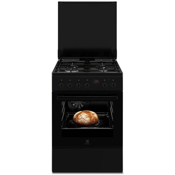 Aragaz Electrolux LKK660225K, Mixt, 4 arzatoare gaz, Aprindere integrata; Gratare fonta; Cuptor electric multifunctional 8 functii; Timer cu display electronic; Iluminare cuptor; Gril electric; 60x60 cm, Siguranta plita; Clasa A; Capac metalic; Negru