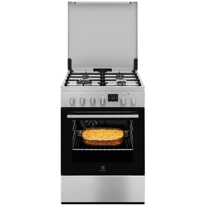 Aragaz Electrolux LKK660225X, Mixt, 4 arzatoare gaz, Aprindere integrata; Gratare fonta; Cuptor electric multifunctional 8 functii; Timer cu display electronic; Iluminare cuptor; Gril electric; 60x60 cm, Siguranta plita; Clasa A; Capac metalic; Inox