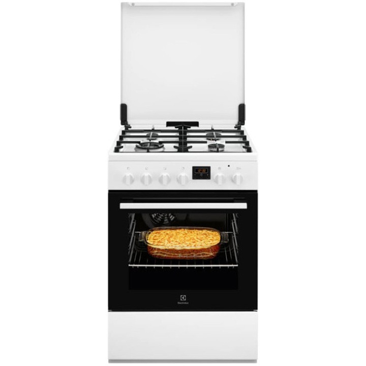 Aragaz Electrolux LKK664222W, Mixt, 4 arzatoare gaz, Gratare fonta; Aprindere integrata; SteamBake-gatire cu abur; Cuptor electric 11 functii; Autocuratare catalitica; Iluminare cuptor; Grill; 60x60 cm, Siguranta plita; Clasa A; Capac metalic; Alb