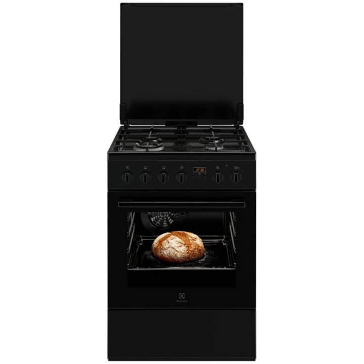 Aragaz Electrolux LKK664222K, Mixt, 4 arzatoare gaz, Gratare fonta; Aprindere integrata; SteamBake-gatire cu abur; Cuptor electric 11 functii; Autocuratare catalitica; Iluminare cuptor; Grill; 60x60 cm, Siguranta plita; Clasa A; Capac metalic; Negru