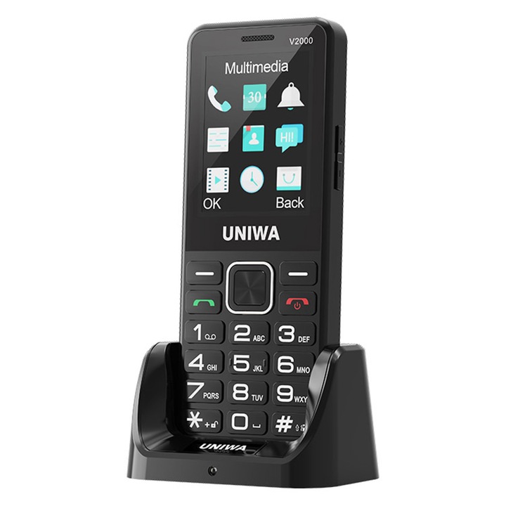 Мобилен телефон Uniwa V2000, 4G, SOS бутон за спешни случаи, големи бутони, Dual SIM, черен