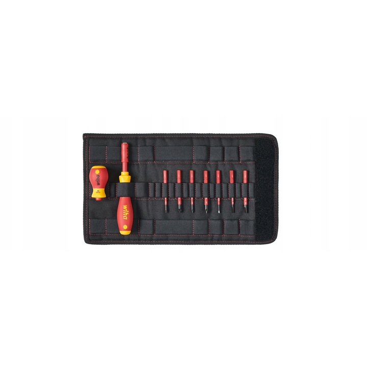 Wiha slimVario 41232 szigetelt csavarhúzó és bit készlet, VDE, 9 részes, SoftFinish markolat, IEC 60900 szabványnak megfelelő 1000 V-ig, piros/sárga, táskával