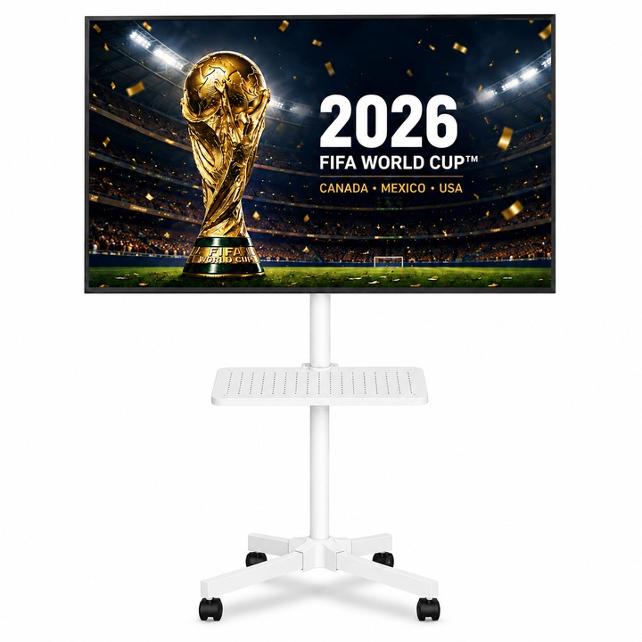 Suport TV pentru televizor 21-60 inch, Stand cu roti 360°, suporta greutate pana la 35 kg, VESA pana la 400 x 400 mm, televizor plat sau curbat, inaltime ajustabila, bucatarie, living, dormitor, sala de sedinte, multifunctional, Alb