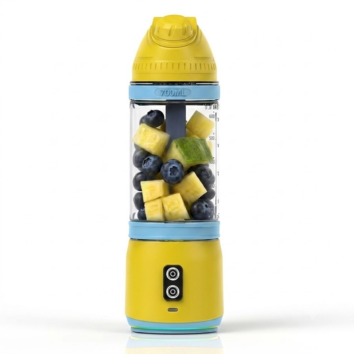 Blender portabil A11 PRO, 700 ml, 240 W, 18.000 RPM, 6 lame inox SUS 304, baterie 6000 mAh, USB-C, functie inversa anti-blocare, Tritan fara BPA, galben/albastru