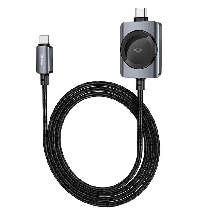 Hoco CW66 2 az 1-ben mágneses USB-C-ről USB-C-re kábel, PD 100W, beépített Apple Watch töltő, fekete