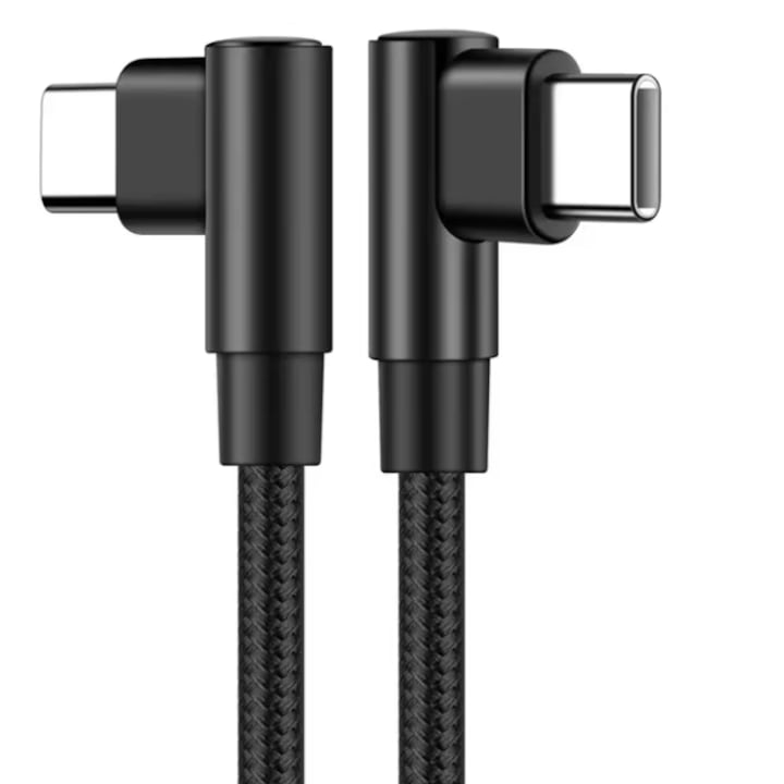 Cablu USB-C la USB-C dublu cap 90°, AHA PRINT®, 60W, PD 2.0, Transfer Date si Incarcare SuperFastCharge 25W/45W, compatibil cu iPhone 15-17 Pro & ProMax, Samsung, laptop, invelis textil premium, incarcare rapida si sigura, negru carbon, 1 metru