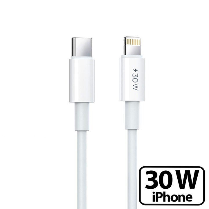 Lightning – USB-C kábel, Gyors Töltés 30W Power Delivery, E-Marker chip / intelligens handshake, 1 méter, kompatibilis iPhone, iPad, iPod, Apple CarPlay, fehér, adatátvitel és szinkronizálás, többszörös védelem