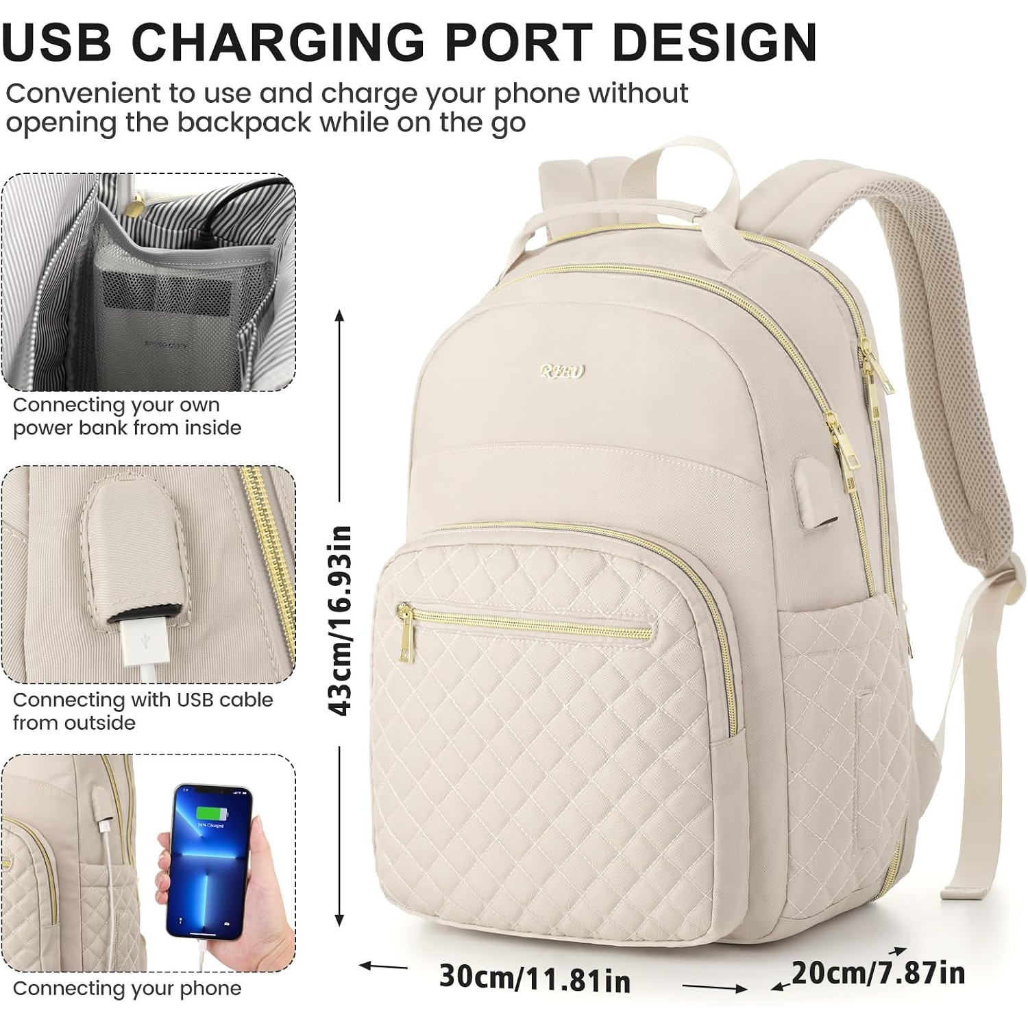 Rucsac Dama Modern, pentru Laptop 15.6", Scoala, Universitate, Calatorii - Bej