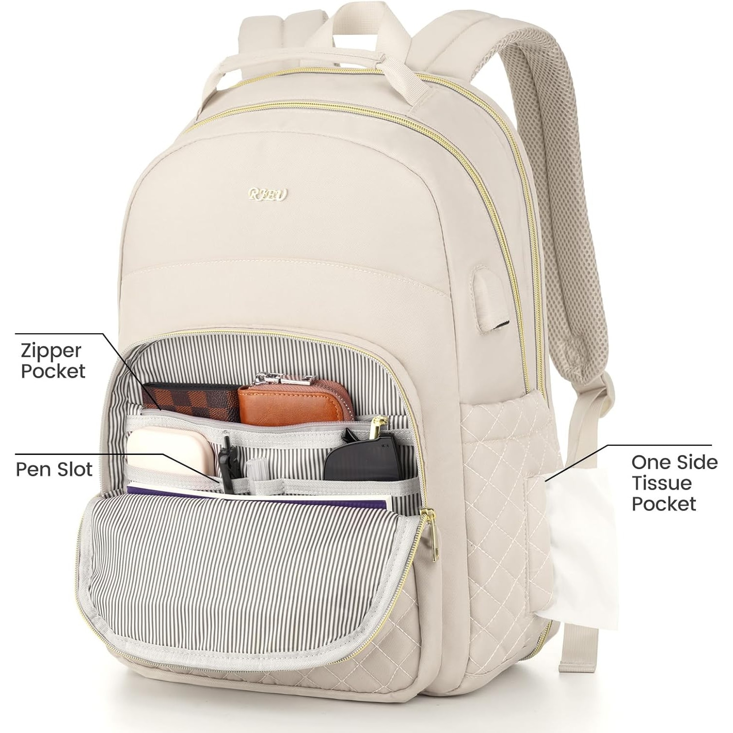 Rucsac Dama Modern, pentru Laptop 15.6", Scoala, Universitate, Calatorii - Bej