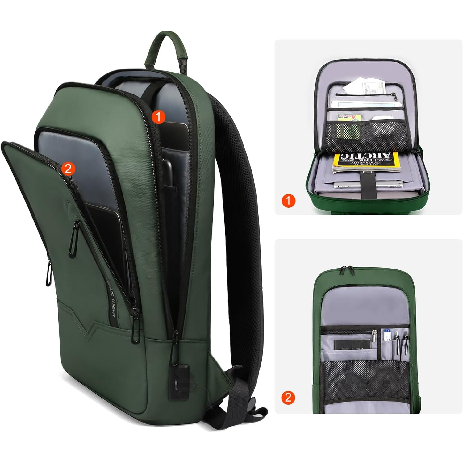 Rucsac Laptop Barbati 15.6" Verde, Impermeabil, cu Port USB