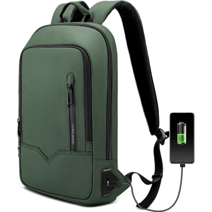 Rucsac Laptop Barbati 15.6" Verde, Impermeabil, cu Port USB