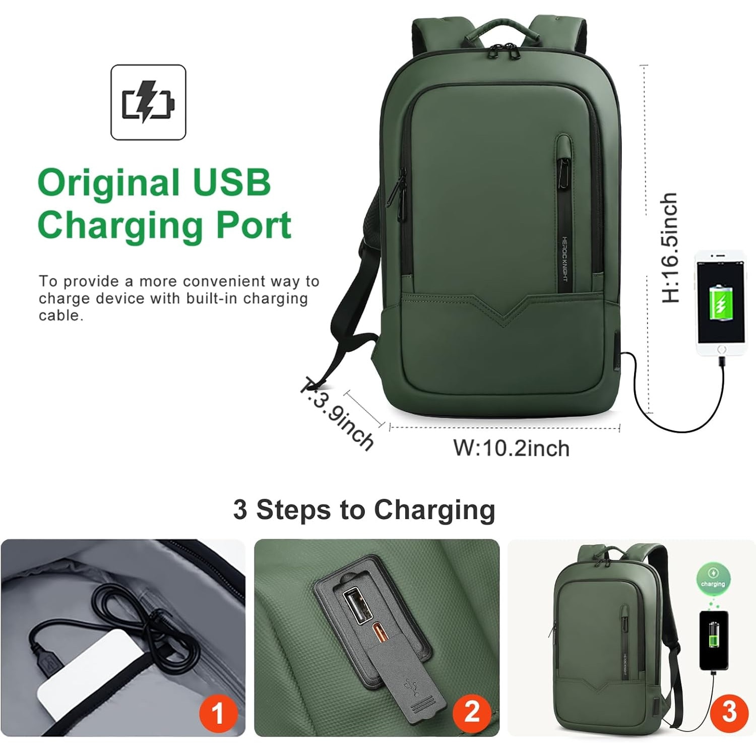 Rucsac Laptop Barbati 15.6" Verde, Impermeabil, cu Port USB