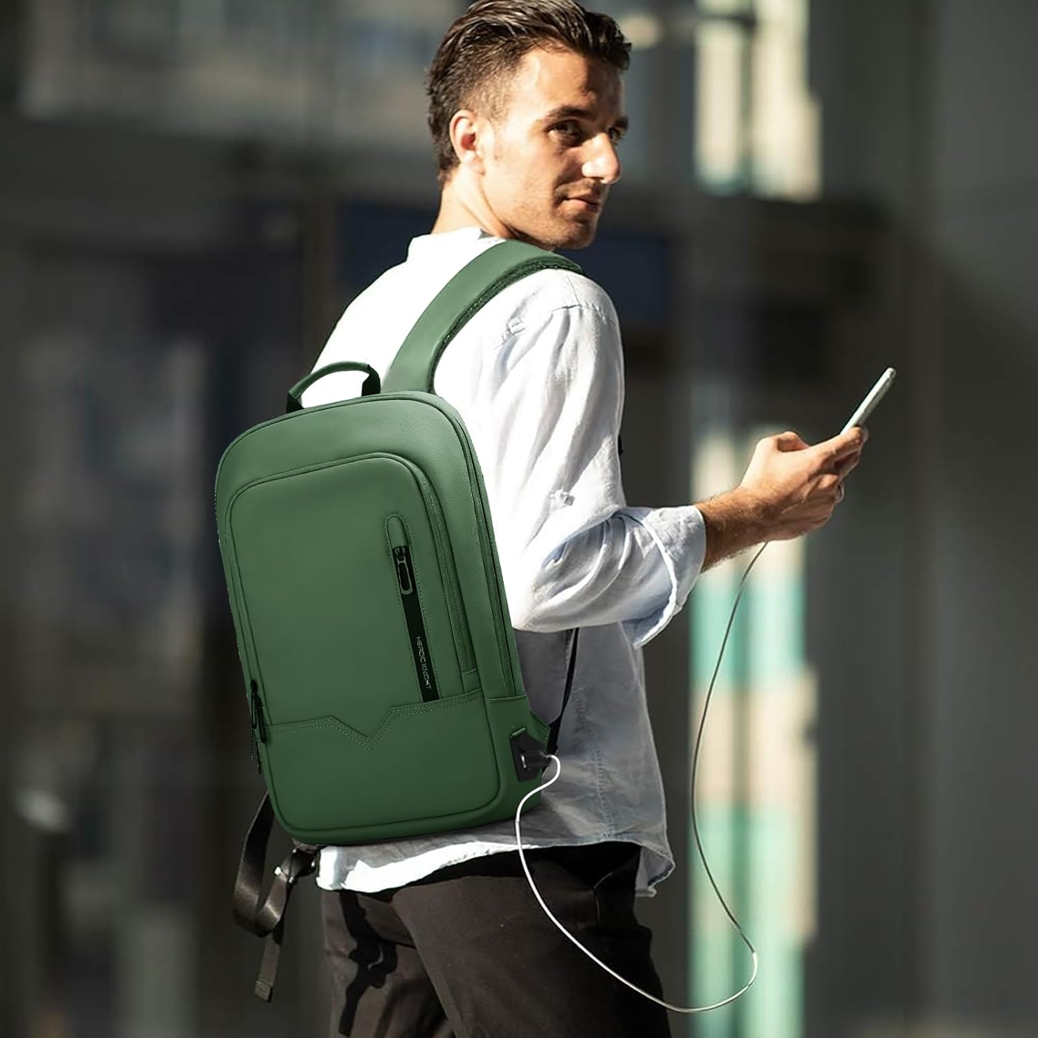Rucsac Laptop Barbati 15.6" Verde, Impermeabil, cu Port USB