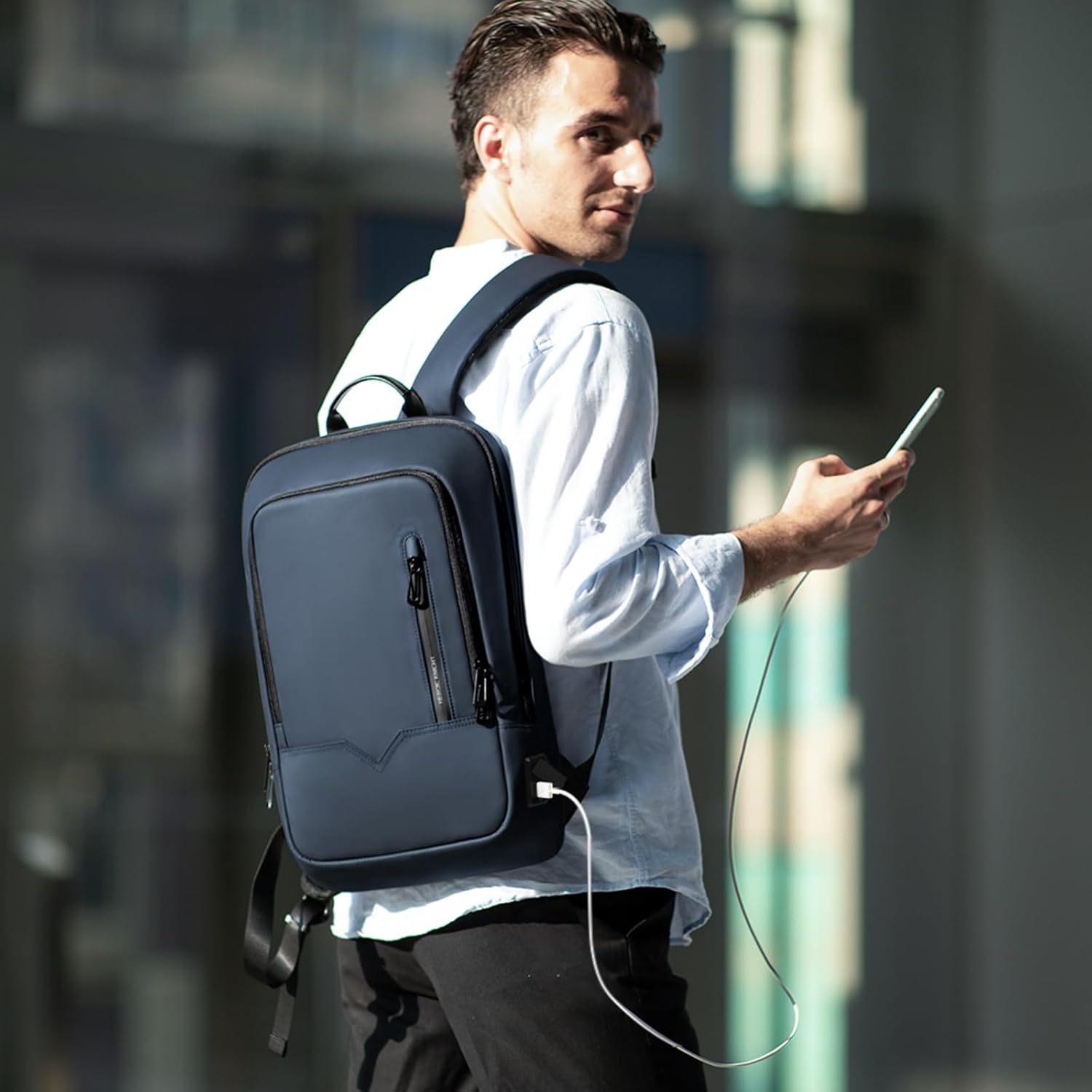 Rucsac Laptop Barbati, Impermeabil, cu Port USB, 17.3 inch, Albastru