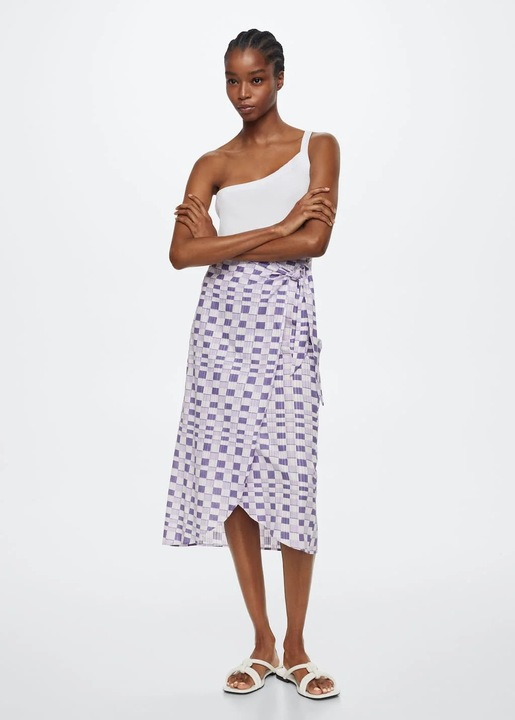 Fusta midi Mango Mary din 100% bumbac cu model geometric mov si funda laterala, Alb/Mov
