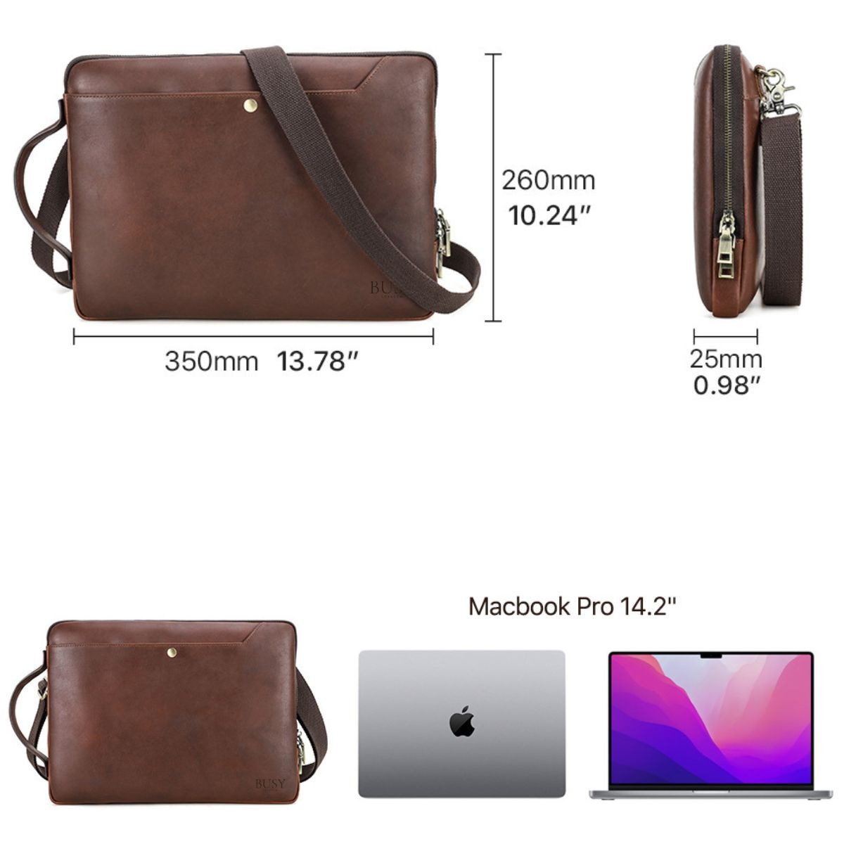 Geanta laptop 14inch din piele naturala, slim, business, BUSY LDY & GTM® Chronos - coffe
