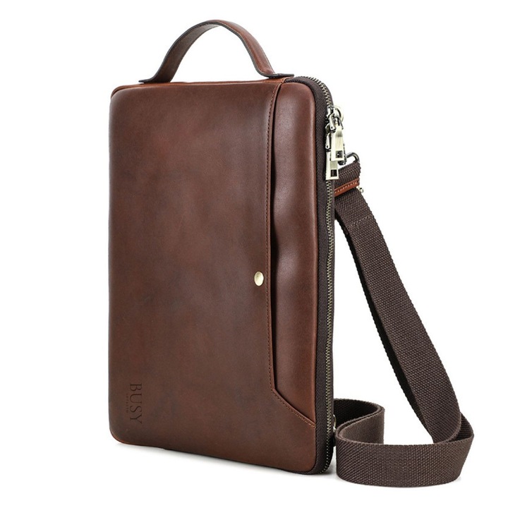 Geanta laptop 14inch din piele naturala, slim, business, BUSY LDY & GTM® Chronos - coffe