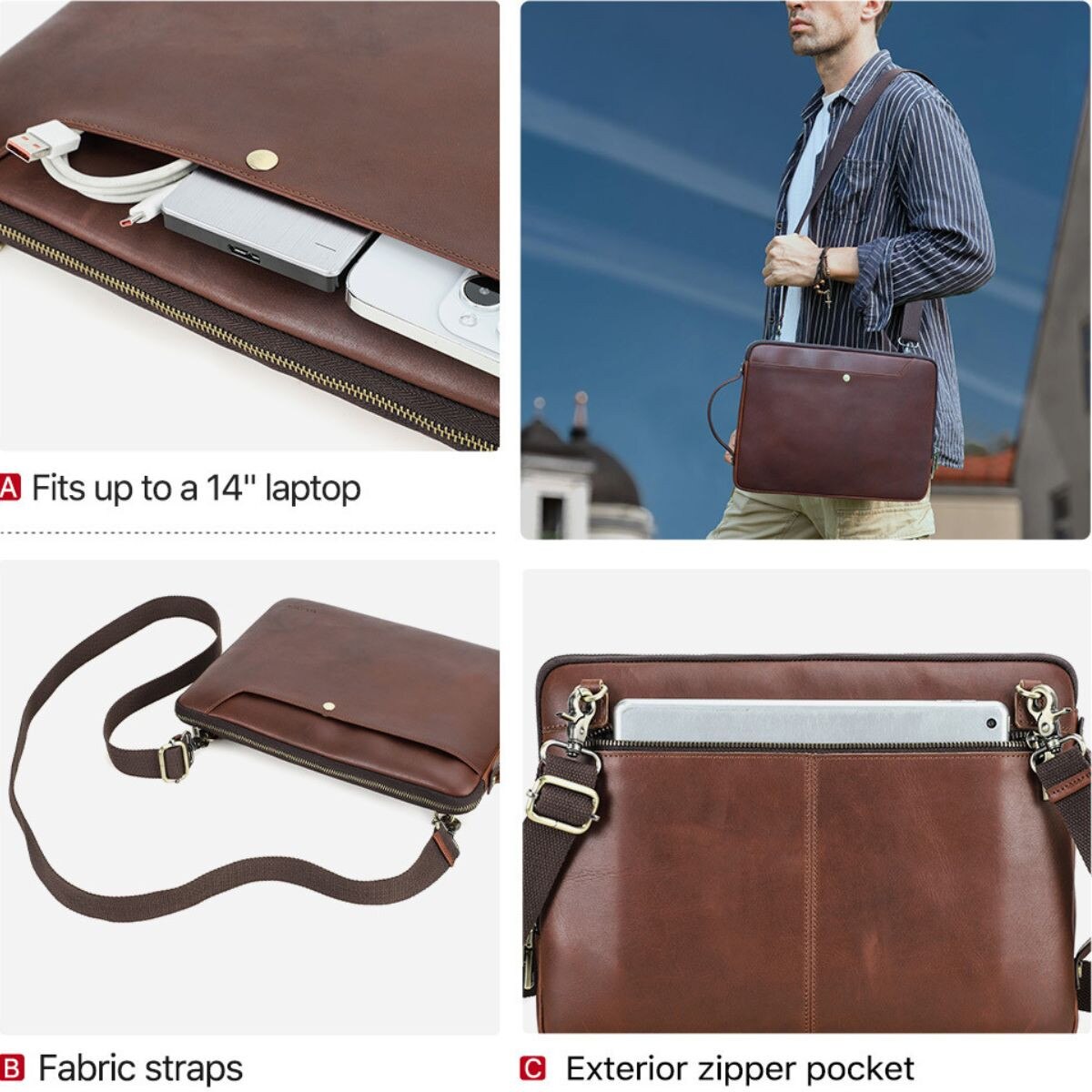 Geanta laptop 14inch din piele naturala, slim, business, BUSY LDY & GTM® Chronos - coffe