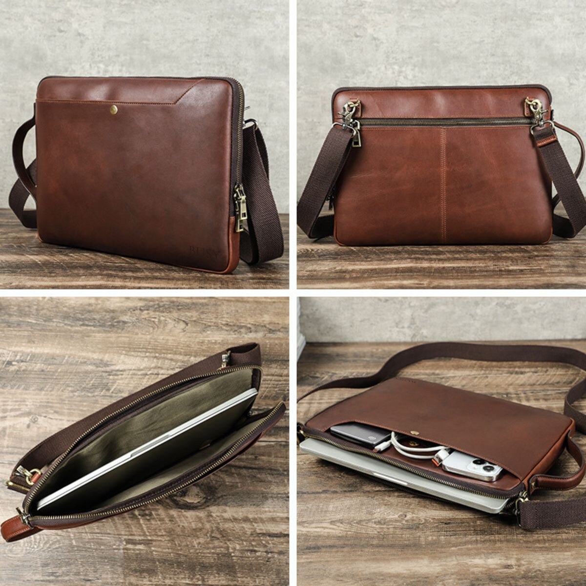 Geanta laptop 14inch din piele naturala, slim, business, BUSY LDY & GTM® Chronos - coffe