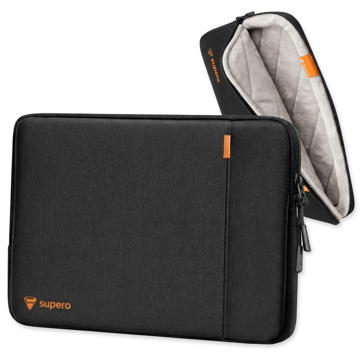 Husa/carry pentru laptop, SUPERO, compatibil 13-14 inch, buzunar frontal pentru accesorii, material textil cu captuseala moale, protectie multi-strat, dimensiuni interne 34.5 x 25.5 x 2.5 cm, negru