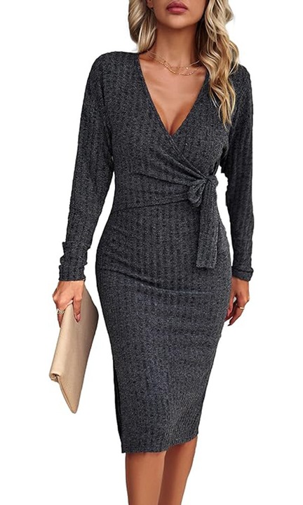 Rochie pulover tricot negru dungi midi