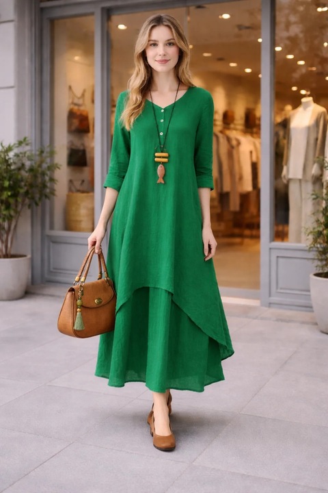 Rochie verde de vara, casual, lejera, din in, cu doua straturi, pentru femei, Verde
