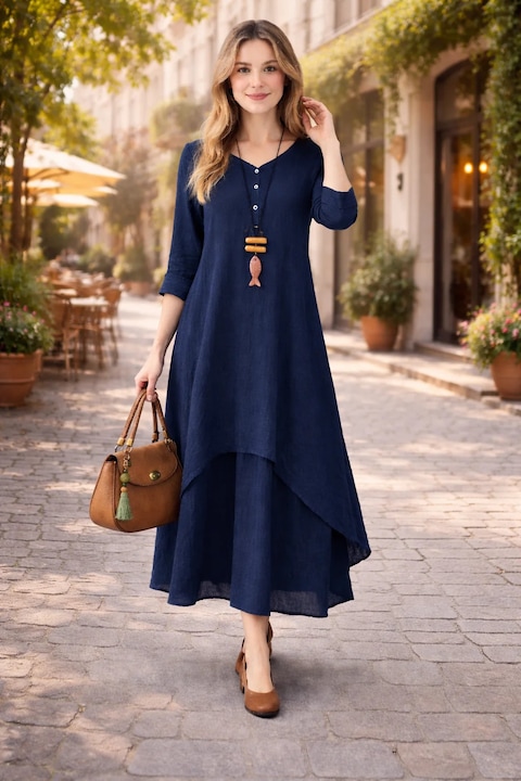 Rochie de dama bleumarin, de vara, casual, cu croiala lejera, din in, cu doua straturi, Bleumarin