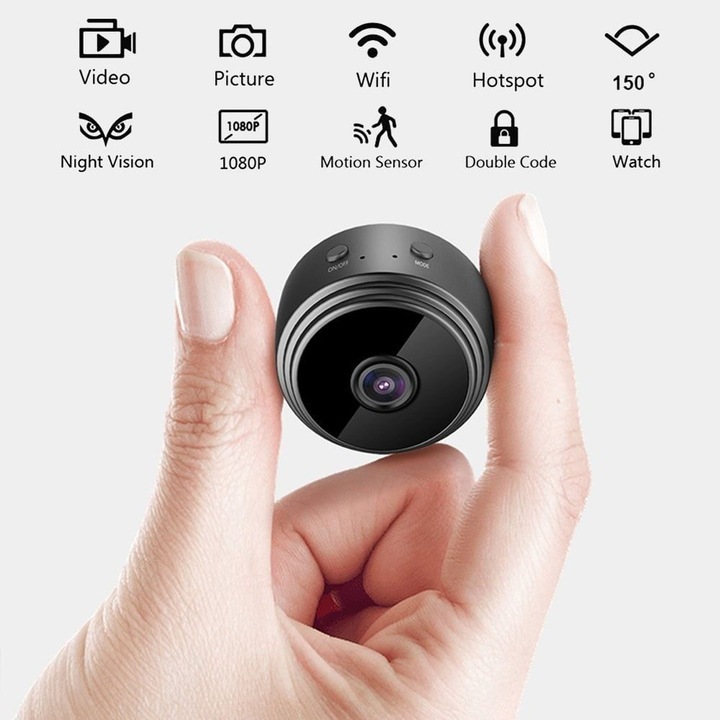 Мини камера IP WiFi 1080P, черна, 4.4x4.4x2.5cm, нощно виждане, ъгъл 150°