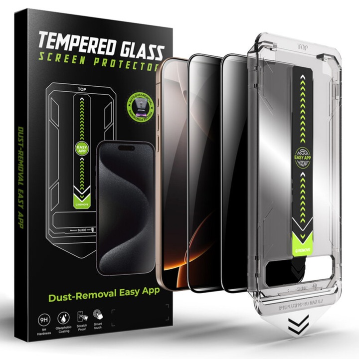 [2 az 1-ben csomag] 2 db Titan Privacy üvegfólia és 1 db Dust Removal Easy App telepítő készlet iPhone 15 Pro-hoz