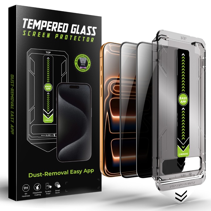 [2 az 1-ben csomag] 2 db Titan Privacy üvegfólia és 1 db Dust Removal Easy App telepítőkészlet iPhone 17 Pro Max-hoz
