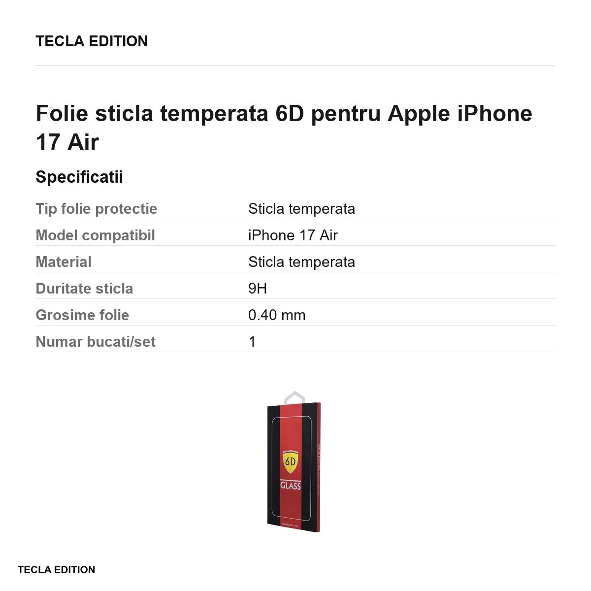Folie sticla temperata 6D pentru Apple iPhone 17 Air