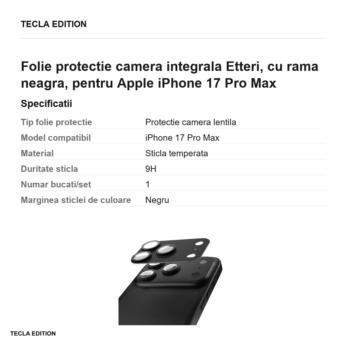 Folie protectie camera integrala Etteri, cu rama neagra, pentru Apple iPhone 17 Pro Max