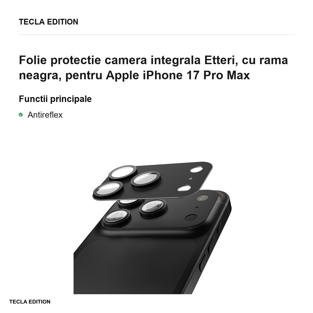Folie protectie camera integrala Etteri, cu rama neagra, pentru Apple iPhone 17 Pro Max