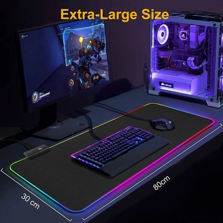 Mousepad gaming RGB iluminat, negru, 35x25cm, antiderapant