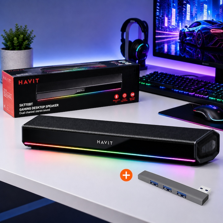Set Soundbar Bluetooth USB HAVIT® SK770BT + Adaptor USB, Putere 20W, Acumulator reincarcabil 1800 mAh, HiFi Stereo 3D Surround, RGB cu 10 Moduri, Bluetooth 5.3, USB Plug & Play, Boxa, Difuzor pentru Laptop, PC, Smartphone, Gaming, Multimedia, Negru