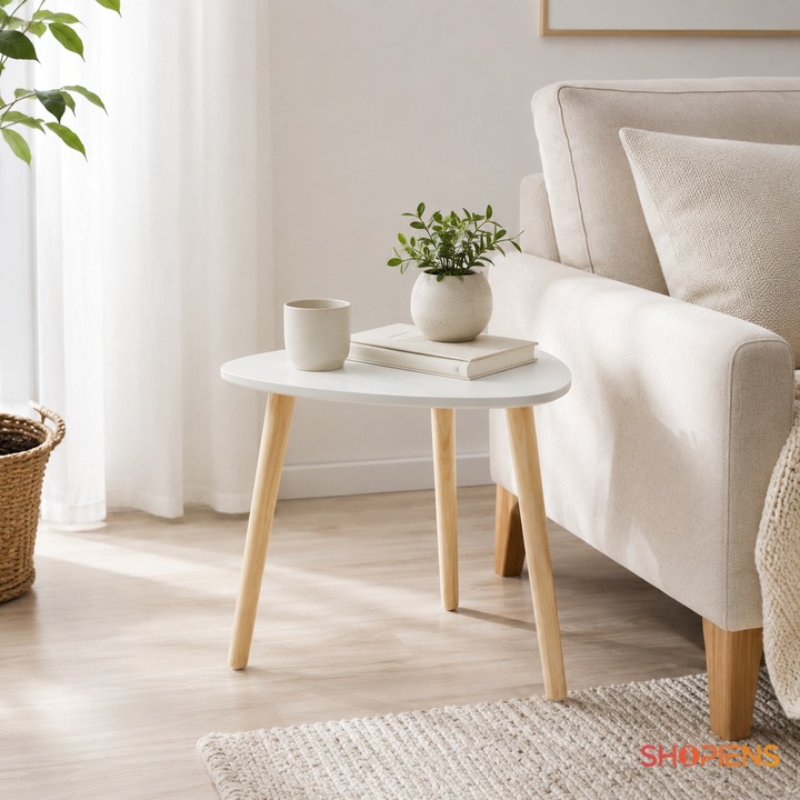 Masuta Auxiliara Alba Cu Blat Triunghiular Rotunjit Si 3 Picioare Din Lemn Natural Masa Decorativa Pentru Living Dormitor Hol 38.5X38.5X39 Cm Shopiens®