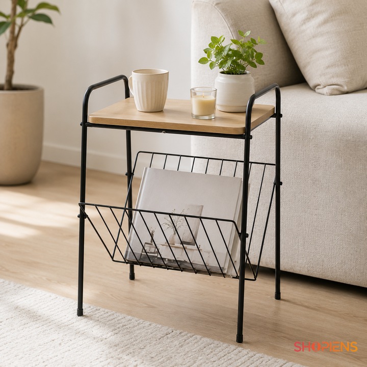 Masuta Auxiliara Cu Blat Din Lemn Si Cadru Metalic Negru Raft Pentru Carti Reviste Manere Transport Living Dormitor 36X29X46 Cm Shopiens®