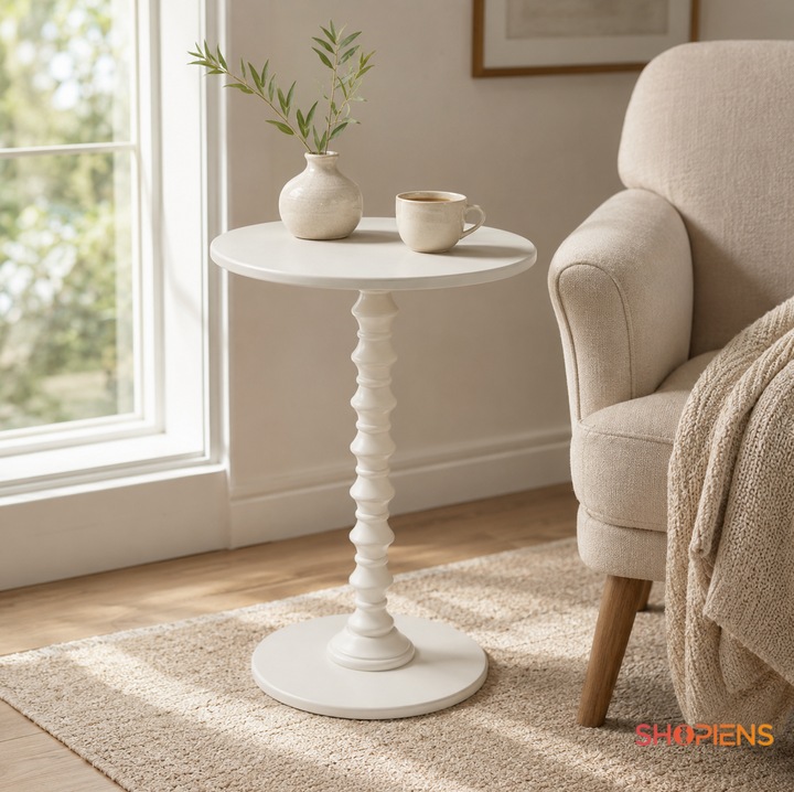 Masuta Auxiliara Rotunda Bej Off White Din MDF Cu Picior Central Reliefat Si Baza Circulara Pentru Living Dormitor Ø35x50cm Shopiens®