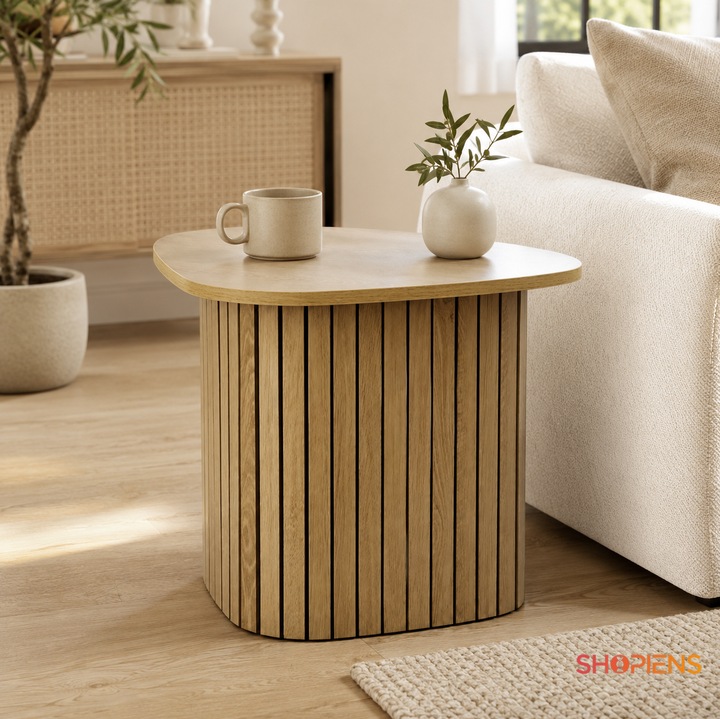 Masuta Laterala Din MDF Stejar Natur Deschis Cu Blat Triunghiular Organic Si Baza Cilindrica Cu Sipci Pentru Living Dormitor 55X38.5X41 Cm Shopiens®
